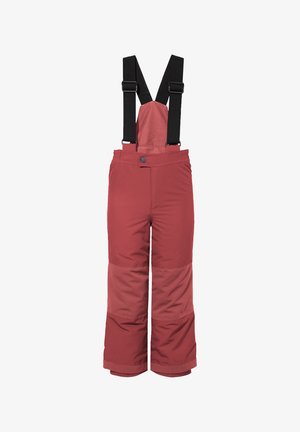 Pantaloni da neve rossi con bretelle nere, dotati di chiusura a pulsante, vita elastica e gambe inferiori imbottite per calore e comfort.
