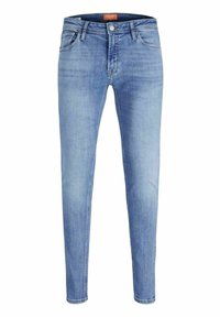 Light blue denim skinny jeans with a classic five-pocket design, zipper fly, and button closure, featuring subtle fading and whiskering.