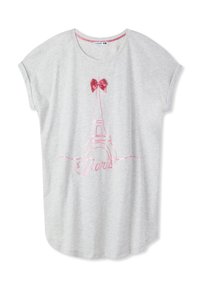 T-shirt grigio chiaro con maniche arrotolate, caratterizzato da un design della Torre Eiffel in rosa e un fiocco in raso rosa nella parte superiore. Texture in cotone morbido.
