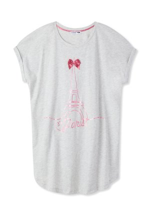 T-shirt grigio chiaro con maniche arrotolate, caratterizzato da un design della Torre Eiffel in rosa e un fiocco in raso rosa nella parte superiore. Texture in cotone morbido.