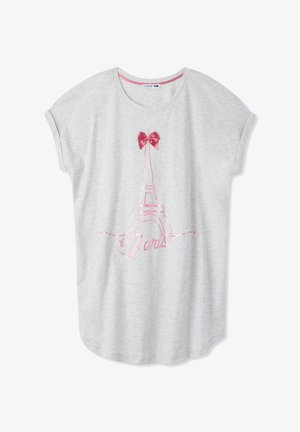 T-shirt grigio chiaro con maniche arrotolate, caratterizzato da un design della Torre Eiffel in rosa e un fiocco in raso rosa nella parte superiore. Texture in cotone morbido.