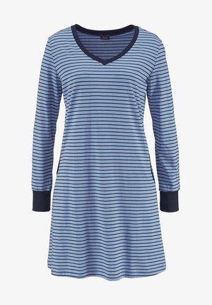 Gestreiftes langärmliges Kleid in Blau mit V-Ausschnitt und marineblauen Bündchen. Hergestellt aus weichem Stoff, mit horizontalen Streifen und einer lockeren Passform.