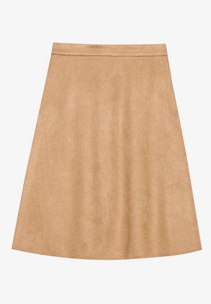 Jupe A-line en daim beige avec une texture lisse et un ourlet propre. Présente une taille ajustée et une silhouette fluide.