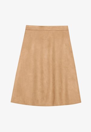 Tan suede A-line skirt with a smooth texture and a clean hem. Features a fitted waistband and a flowing silhouette.