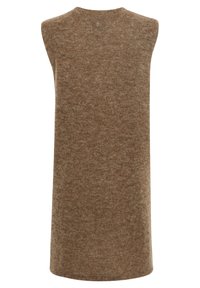 Brun strikket ærmeløs sweater med rund halsudskæring, blød tekstur og en lille logo detalje på bagsiden.