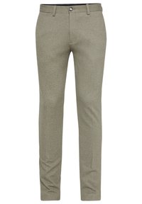  skräddarsydda byxor i en ljus olivgrön tyg med en subtil textur, med en framknapp i midjan och bältesöglor.