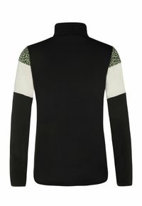 Haut noir à manches longues avec col montant, panneaux blancs aux manches mi-longues et accents léopard verts sur les épaules, vu de dos.