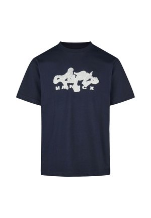 Marineblaue Baumwoll-T-Shirts mit rundem Halsausschnitt. Besitzt ein großes, weißes, abstraktes Logo und den Text "MANICX", der zentral auf der Vorderseite platziert ist. Kurze Ärmel.