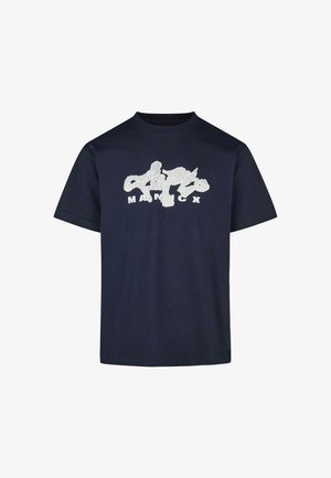 Navy blue cotton t-shirt with a round neckline. Features a large white abstract logo and text "MANICX" centered on the front. Short sleeves.