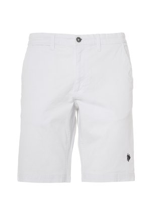 Pantaloni corto bianchi in cotone con chiusura a bottone, frontale piatto e tasche laterali. Presenta un piccolo logo nero sulla parte bassa della gamba. Design a gamba dritta.