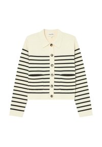 Gilet en coton avec un col, base crème et rayures horizontales noires. Comprend cinq boutons et deux poches avant.