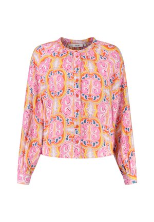 Dolgozape, s button-up, bluzon v roza, rumeni in oranžni barvi z zapletenimi cvetličnimi motivi in zaobljenim ovratnikom. Lahka tkanina.