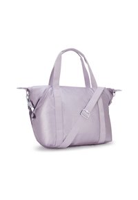 Lavender nylon tote bag with two handles, an adjustable shoulder strap, and zippered side pockets, displayed on a white background.