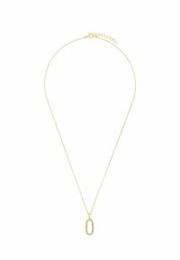 Collar de oro con una cadena delgada y un colgante ovalado, que presenta un centro blanco y un contorno dorado texturizado. Largo ajustable con un broche.