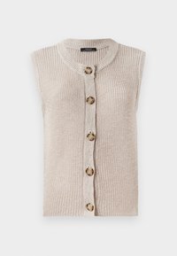 Ermeløs beige strikkekardigan med rund hals, knappefrontlukkning og strukturert stoff med store, runde knapper.