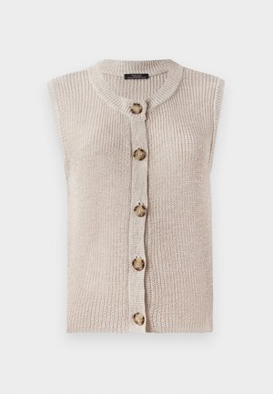 Cardigan sans manches en tricot beige avec un col rond, une fermeture frontale à boutons et un tissu texturé avec de grands boutons ronds.