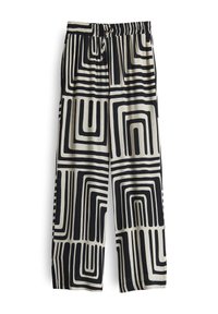 Zwarte en crèmekleurige wijde broek met een geometrisch patroon van dikke lijnen en curves. Elastische tailleband met een trekkoord voor een verstelbare pasvorm.
