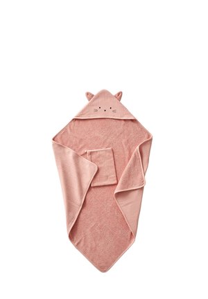 Pink hooded baby towel with cat ears and embroidered whiskers, accompanied by a matching washcloth, laid flat on a white background.