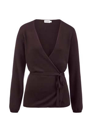 Maglione nero avvolgente, maniche lunghe, scollo a V profondo, texture morbida, cintura regolabile in vita, polsini e orlo a coste.