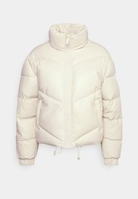 Cream-colored cropped puffer jacket with a high collar, zipper front, and elastic cuffs. Features chevron stitching and a logo accent.