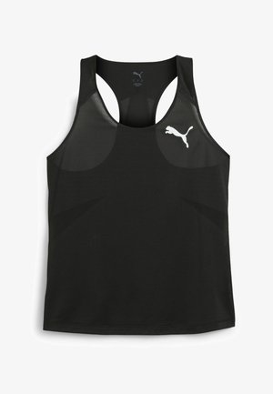 Débardeur de sport noir avec un col rond, un dos nageur, un tissu texturé et un logo blanc sur la poitrine.