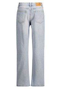 Light blue denim straight-leg jeans with a high waist, featuring two back pockets and a tan leather patch on the waistband.