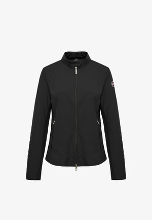 Melna viegla jaka ar pilnīgu priekšpuses sudraba rāvējslēdzēju, stāvošu apkakli, kabatām ar rāvējslēdzējiem sānos un apaļu logotipa uzliku uz kreisā piedurknes.