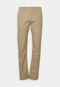 Khaki katoenen broeken met een recht ontwerp, knoopsluiting en riemlussen; gladde textuur en minimale stikseldetails.
