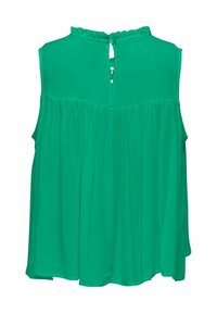 Top verde senza maniche con chiusura a oblò sul retro, design plissettato e dettaglio collo con volant. Realizzato in tessuto leggero e fluente.