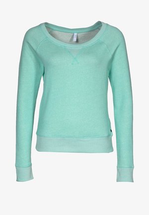 Sweat-shirt vert menthe à manches longues, encolure large, poignets et ourlet côtelés, texture douce, avec un petit logo en bas à gauche.