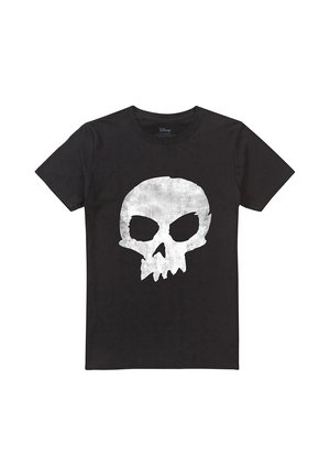 Schwarzes T-Shirt mit kurzen Ärmeln und einem großen weißen distressed Totenkopf-Motiv mittig auf der Vorderseite.