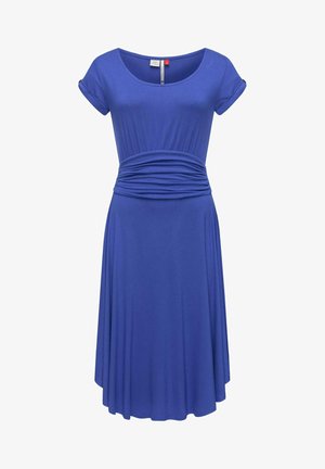 Niebieska sukienka do kolan z krótkimi rękawami, okrągłym dekoltem i marszczonym detalem w talii, wykonana z miękkiej, elastycznej tkaniny. Gładka struktura materiału.