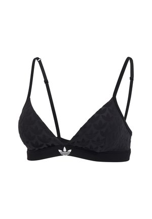 Musta kolmionmuotoinen rintaliivit päällään teksturoidulla kankaalla, ohuilla säädettävillä olkaimilla ja kiinteällä mustalla vyöllä, jossa on edessä pieni valkoinen logo.