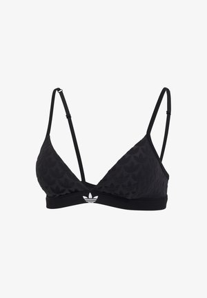 Bralette triangolare nero con tessuto testurizzato, spalline sottili regolabili e fascia nero solido con un piccolo logo bianco sul davanti.