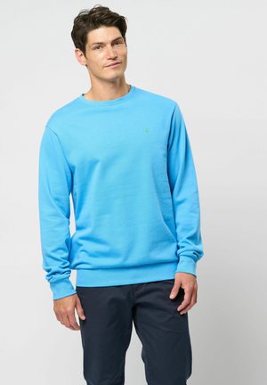 Blauwe katoenen sweatshirt met lange mouwen, geribbelde boorden en zoom, met een klein groen logo op de borst. Eenvoudig ontwerp met ronde hals.