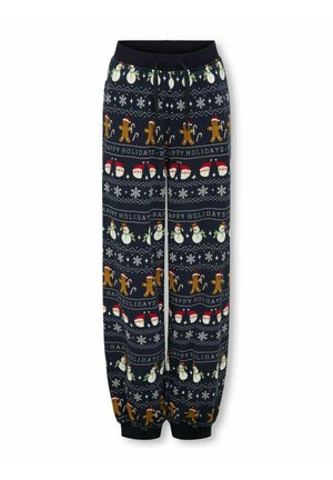Marineblå feriebukser med elastisk talje og manchetter, med mønstre af snemænd, peberkagemænd, julemandsansigter, snefnug og teksten "Glædelig ferie".