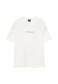 Hvid bomulds T-shirt med korte ærmer og rund hals. Har lyserød tekst "The Walkir_3 City" centreret på fronten.