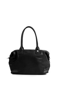 Zwarte leren tote bag met dubbele handvatten, een ritssluiting en zilverkleurige hardware. Heeft een zachte textuur en een minimalistisch ontwerp.