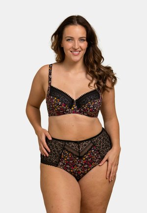 Ensemble de soutien-gorge noir à imprimé floral et culotte taille haute, avec des bordures en dentelle et en feston, une texture lisse et des bretelles réglables.