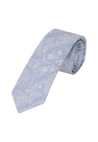 Hellblauer Paisleymuster-Krawatte mit weißen Blumenmustern, aus glattem Stoff, mit spitzem Ende und gerolltem Design.