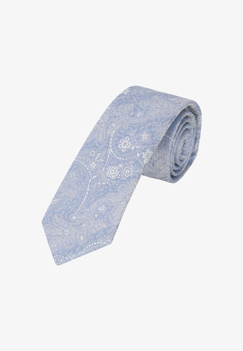 Hellblauer Paisleymuster-Krawatte mit weißen Blumenmustern, aus glattem Stoff, mit spitzem Ende und gerolltem Design.