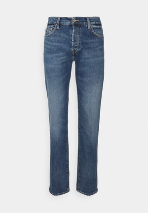 Blauwe denim jeans met een rechtgevallen pasvorm, vijf zakken en een knoopsluiting in de taille. Heeft subtiele vervaging en stikseldetails.
