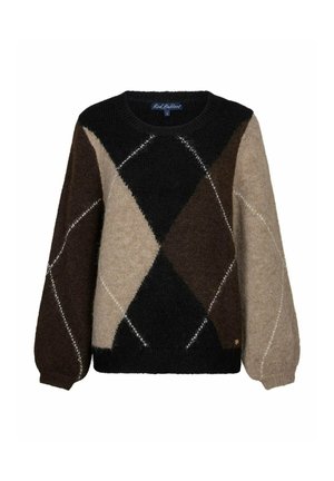 Wollen trui met zwart, bruin en beige argyle-patroon en ballonmouwen, ronde hals en geribde manchetten en zoom.