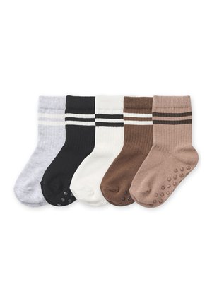 Five ribbed ankle socks in gray, black, white, brown, and beige with two horizontal stripes and non-slip grips on the soles.