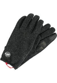 Black wool gloves with a textured finish, leather accents on fingertips, and a logo patch. Features a loop for easy handling.