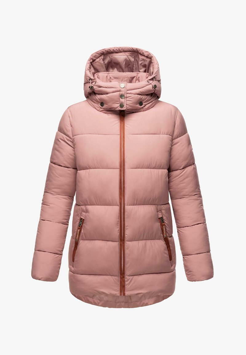 Polstret pink jakke med aftagelig hætte, lynlås foran og brune detaljer. Har to sidelommer og quiltet tekstur.