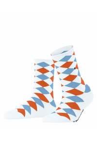 Weiße Socken mit einem Rautenmuster in Blau und Orange, einem einfarbigen Bündchen und einem kleinen Logo auf der Sohle. Weicher Stoff. 