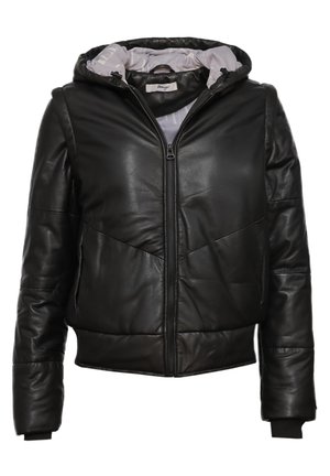 Schwarze Lederjacke mit Kapuze und Reißverschluss, ausgestattet mit einem gesteppeten Design, gerippten Bündchen und einem kontrastierenden grauen Innenfutter.