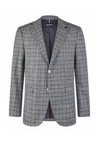 Blazer à carreaux gris avec un col cranté, fermeture à un bouton, deux poches avant et une doublure intérieure à motifs.