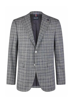 Grau karierter Blazer mit Reverskragen, Ein-Knopf-Verschluss, zwei Vorderaschen und einem gemusterten Innenfutter.